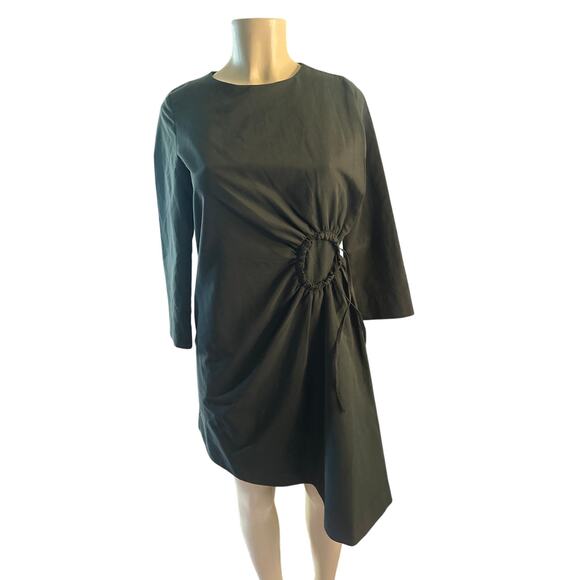Women US-2 COS Dark Green Gathered Circle Asymmetrical Dress 3/4 Slv A-Line - Picture 2 of 7